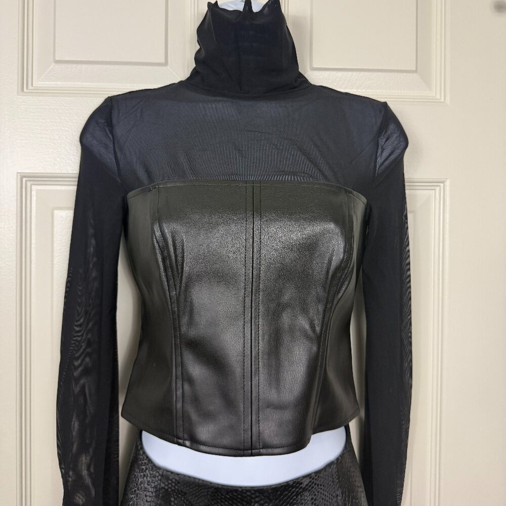 BEBE x Ciara Mock Neck Mesh Combo Vegan Leather Top (XS)